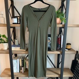 Ribbed Long-Sleeved Olive Green Dress